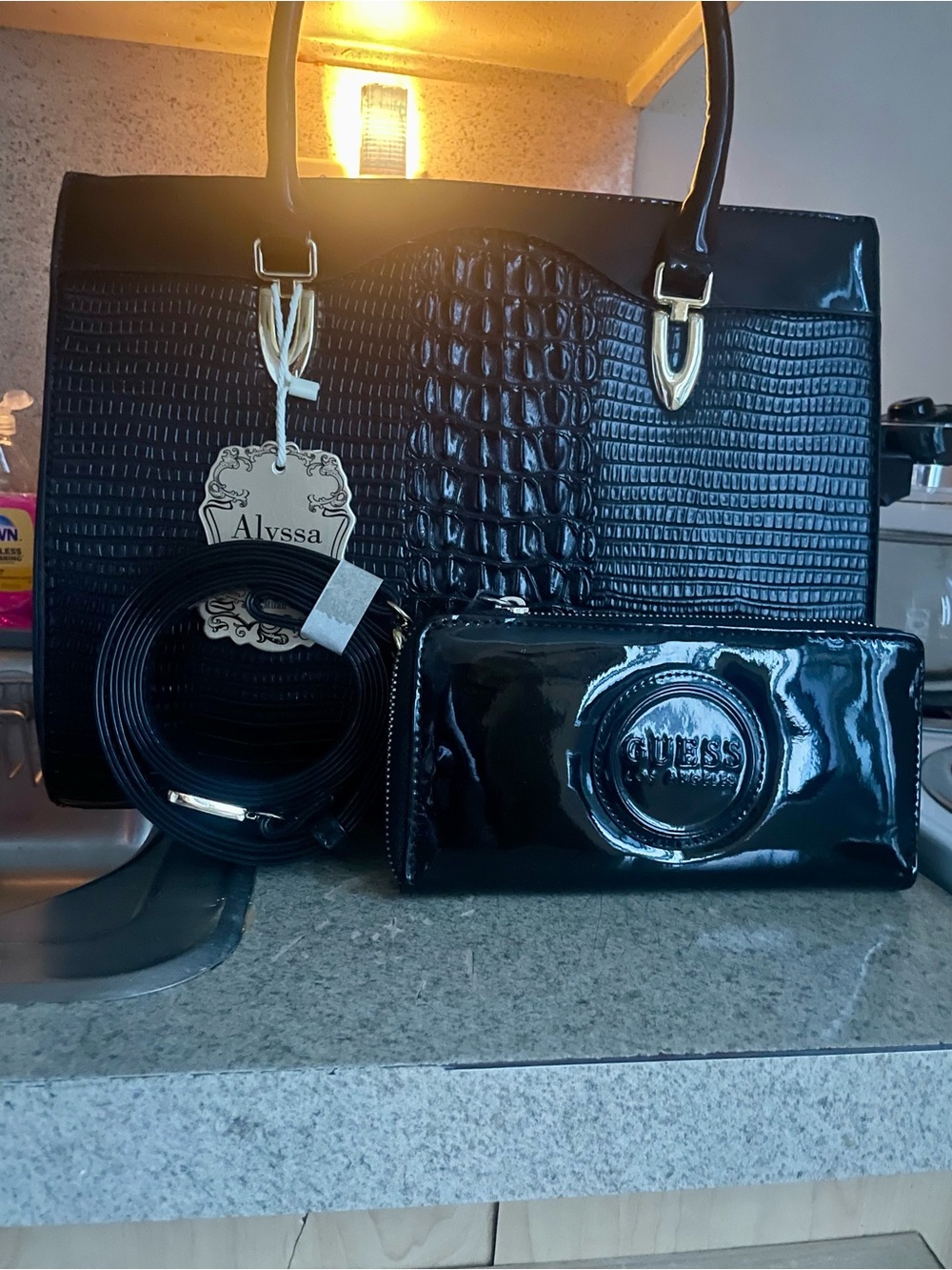 Alyssa Nicole Black Patent Croc-Embossed Tote with Matching Wallet